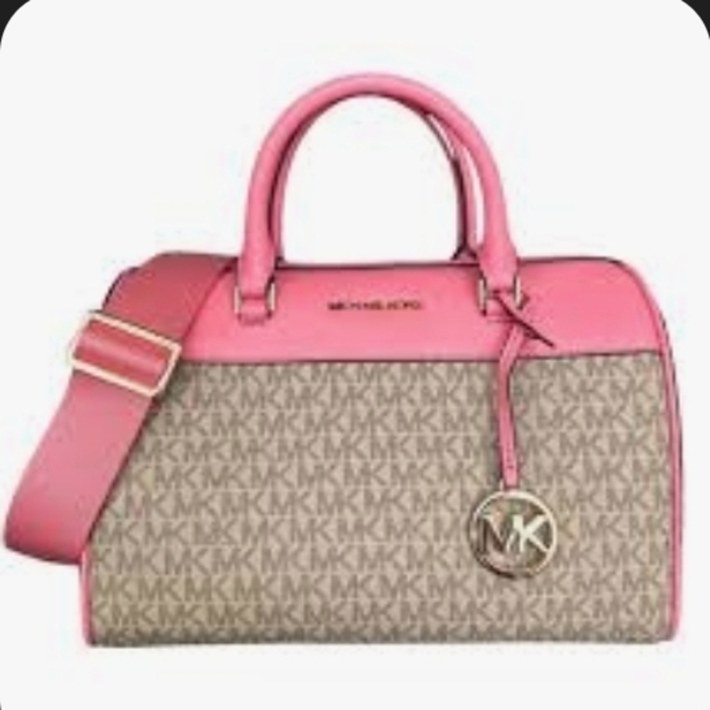 Michael Kors Beige MK Logo Satchel with Pink Trim